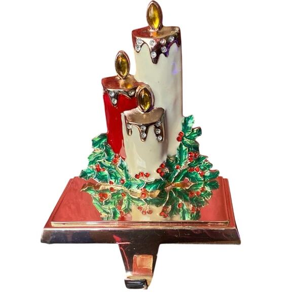 Jeweled Christmas Candle Mistletoe HEAVY Metal Stocking Hanger Holder Enameled - Picture 1 of 9